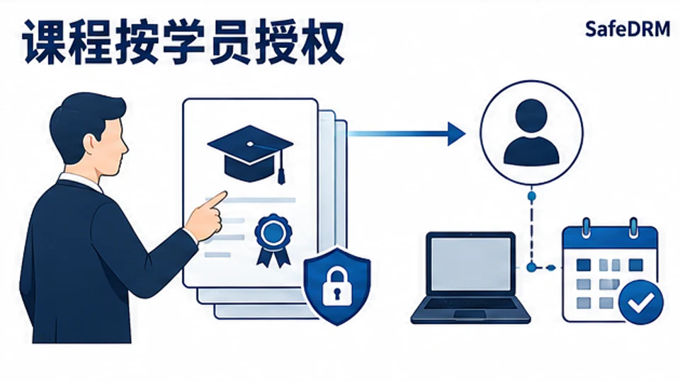 SafeDRM课程方按学员账号设备和有效期分配课程查看权限的示意图