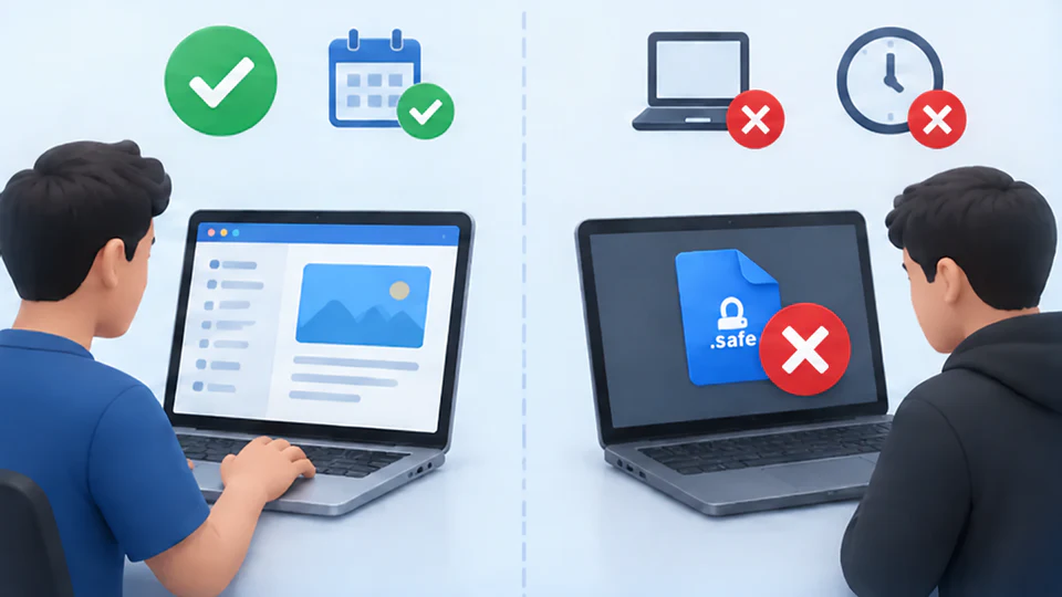 授权学员在允许设备和期限内使用HTML5安全课件而未授权设备被拒绝的示意图