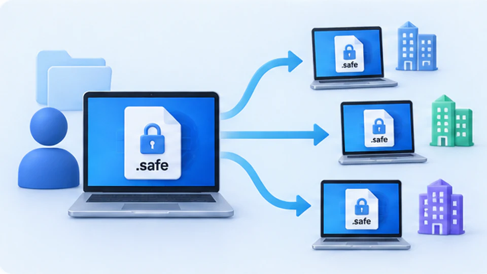 同一个safe加密文件分别交付给三个客户并独立授权的示意图