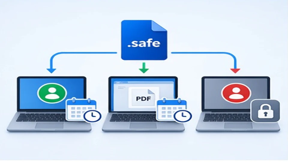 同一份safe办公文档在授权电脑可查看而额外未授权设备被拒绝的示意图