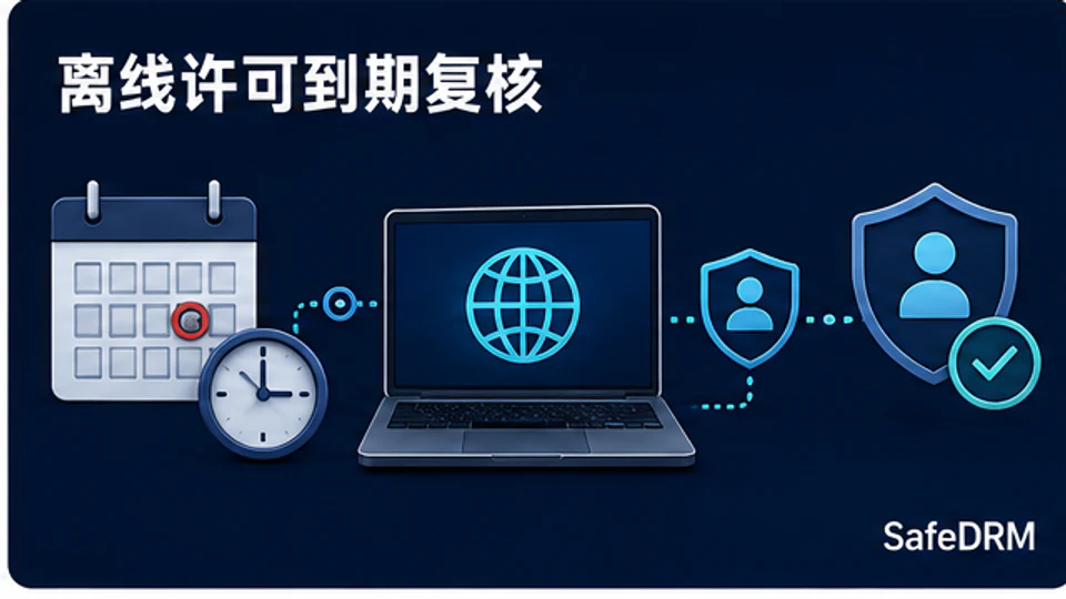 SafeDRM录播课离线许可到期后通过网络重新校验账号设备和课程权限的示意图