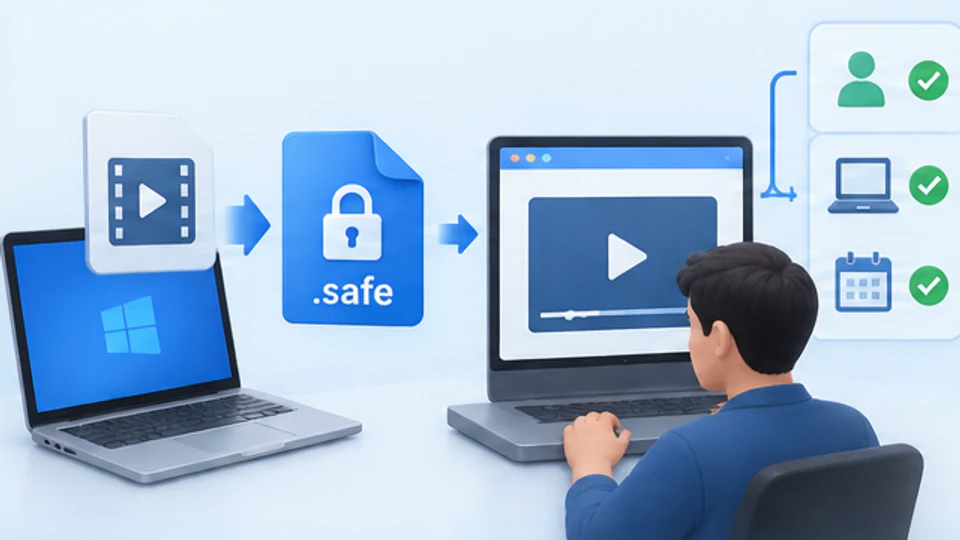 课程视频在Windows本地生成safe文件后由授权学员通过安全阅读器观看的示意图