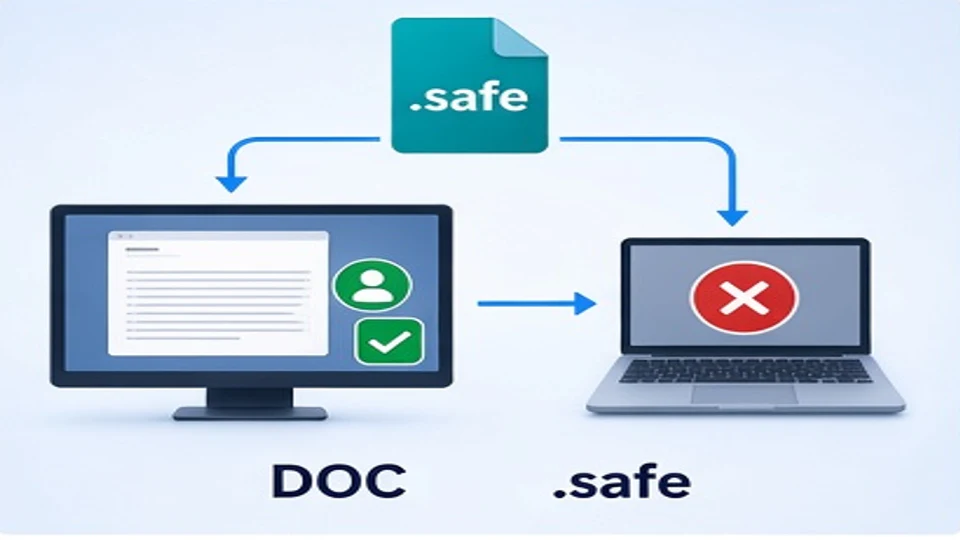 同一份safe Word文档在授权电脑可查看而额外未授权设备被拒绝的示意图